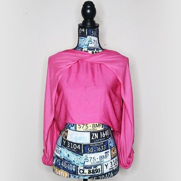 ZARA Bloggers Favorite Balloon Sleeve Crop Top Drapey Crossover Hot Pink Sz XL - Picture 8 of 16